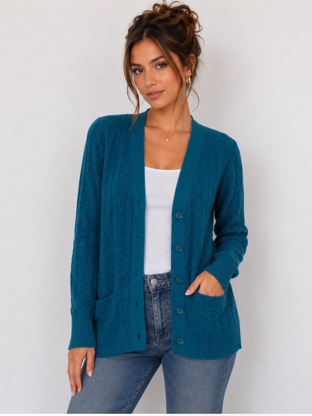 Talbots Teal Cable-Knit Button Up Cardigan